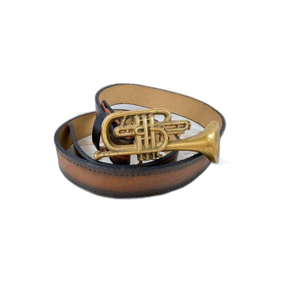 Vintage 70s leather belt Baron solid Brass Buckle cornet trumpet music band 34 - Picture 2 of 16